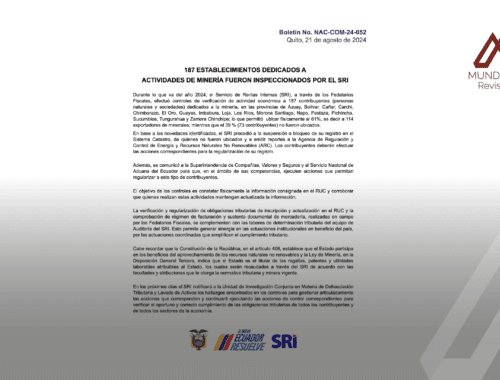 SRI suspende a 73 empresas mineras en Ecuador por irregularidades